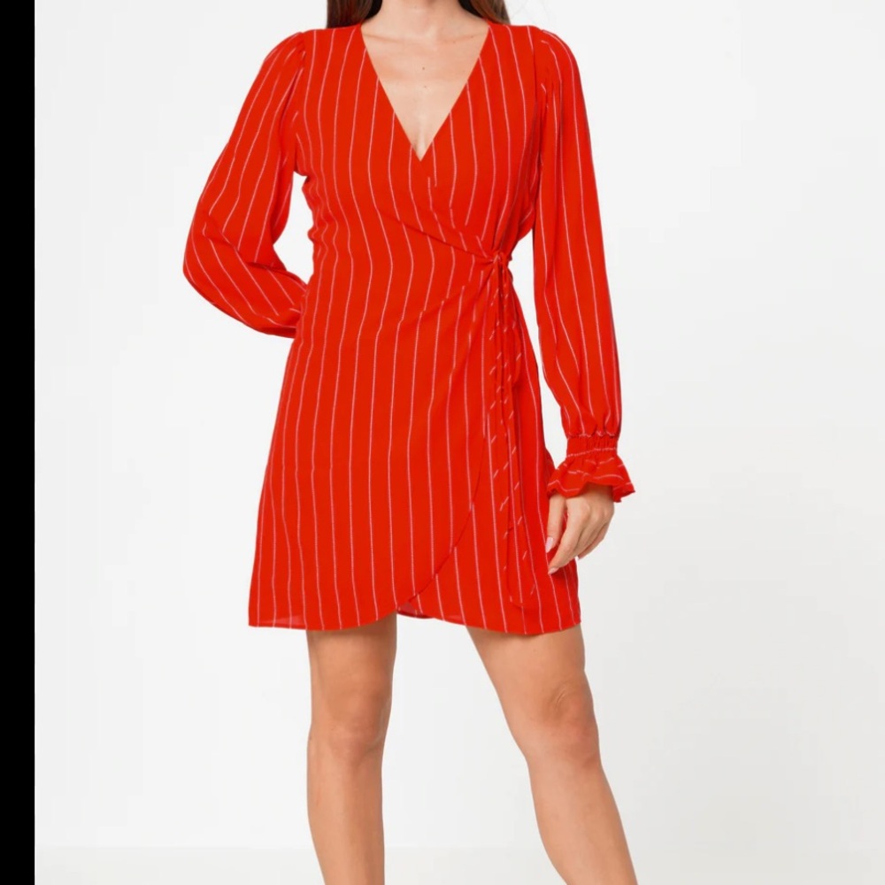 Red Striped Women’s Bell Sleeve Mocked Dress NWT